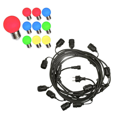 Spectrum LED festoon light string 10m with 10x 1W G45 colored bulbs E27 fitting IP20