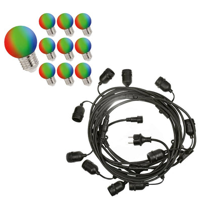 Spectrum prikkabel light string 10m with 10x LED G45 RGB E27 bulbs, 1W each, IP20 for indoor decorative use