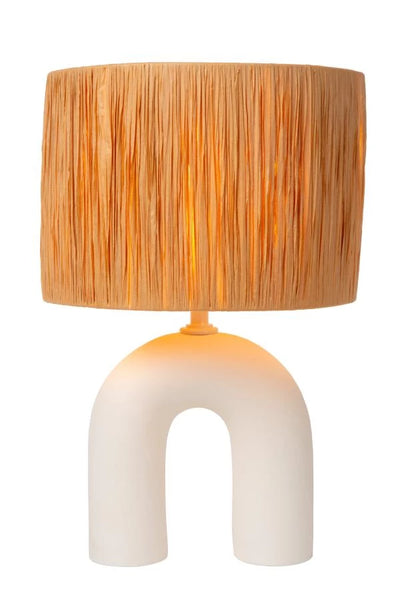Lucide LED table lamp Ronda with E27 socket, rattan shade, ceramic base, 28x28x45cm White for indoor use