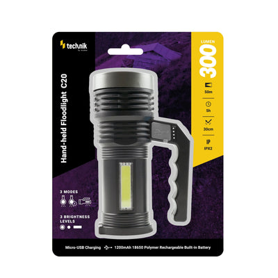 Technik Handstrahler C20 XPE+COB LED 300 Lumen wiederaufladbar 18650 Batterie USB IPX2 Weiß