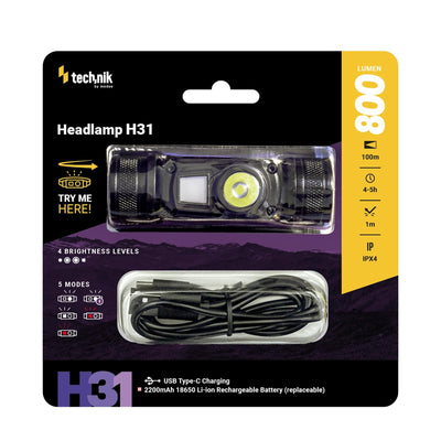 Technik Headlamp H31 with Osram P9 LED, 800 lumens, 5 modes, USB-C rechargeable, IPX4, White