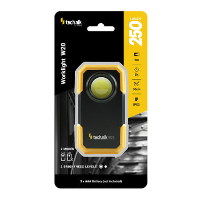 Technik LED Taschenlampe W20 COB 250 Lumen, betrieben mit 3xAAA, weißes Kunststoffgehäuse, IPX2 mit Magnet und Clip