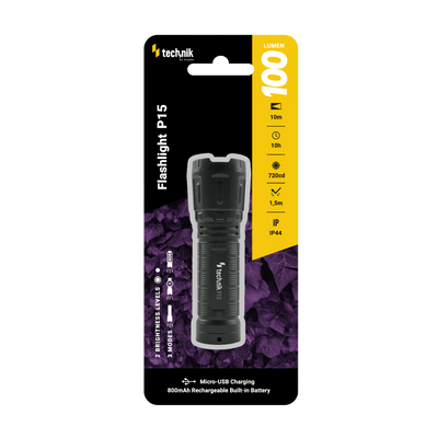 Technik P15 rechargeable flashlight 100 lumens XPE LED, IP44, 800mAh micro USB, 10h runtime, White