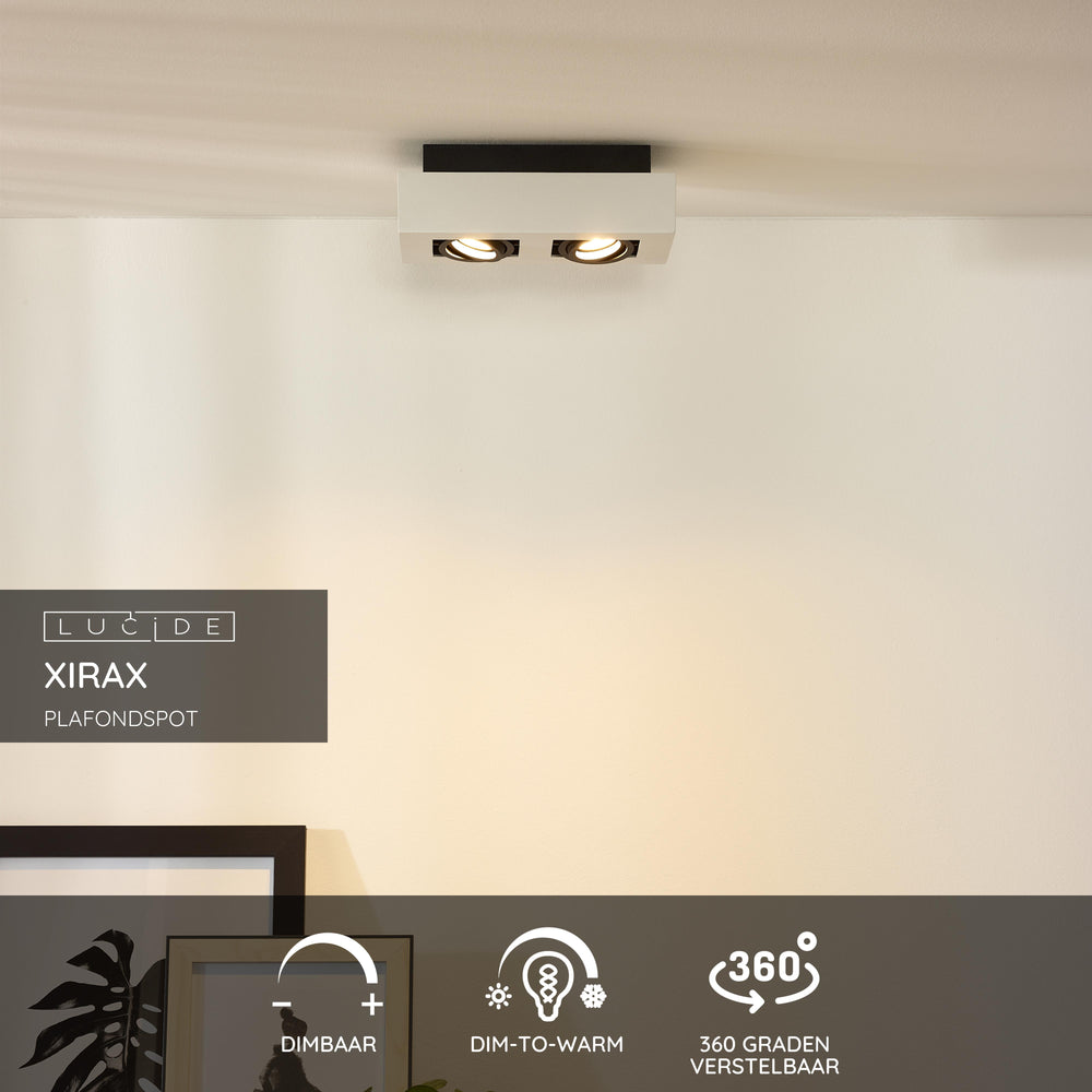 Lucide XIRAX LED ceiling spotlight, 2x5W GU10, dim to warm 2200K-3000K, IP20, White aluminium