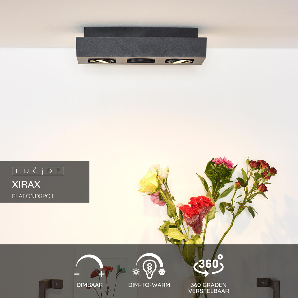 Lucide XIRAX LED ceiling spotlight, 3x5W GU10, dim to warm 2200K-3000K, IP20, Sand Black aluminum