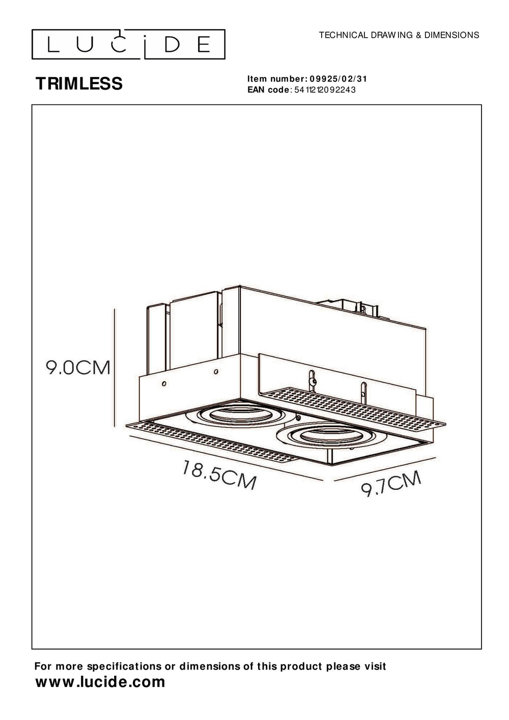 Lucide TRIMLESS Einbau-Spot 2xGU10, Aluminium, schwenkbar, dimmbar, IP20, Weiß, 185x97mm