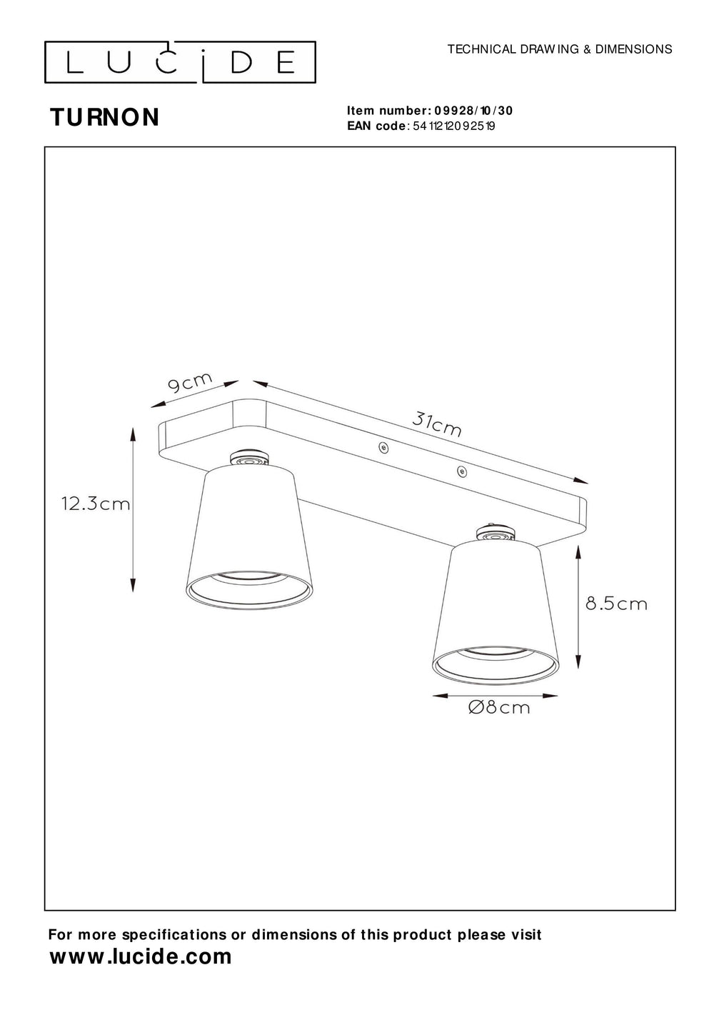 Lucide TURNON LED-Deckenstrahler, 2x5W GU10, dim to warm 2200K-3000K, Schwarzes Aluminium, IP20