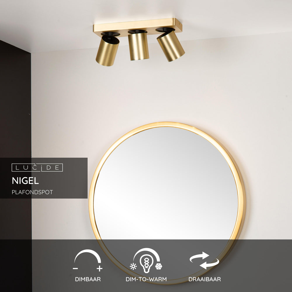 Lucide NIGEL LED-Deckenstrahler, 3x5W GU10 Dim-to-Warm 2200K-3000K, verstellbares gebürstetes Gold-Aluminium