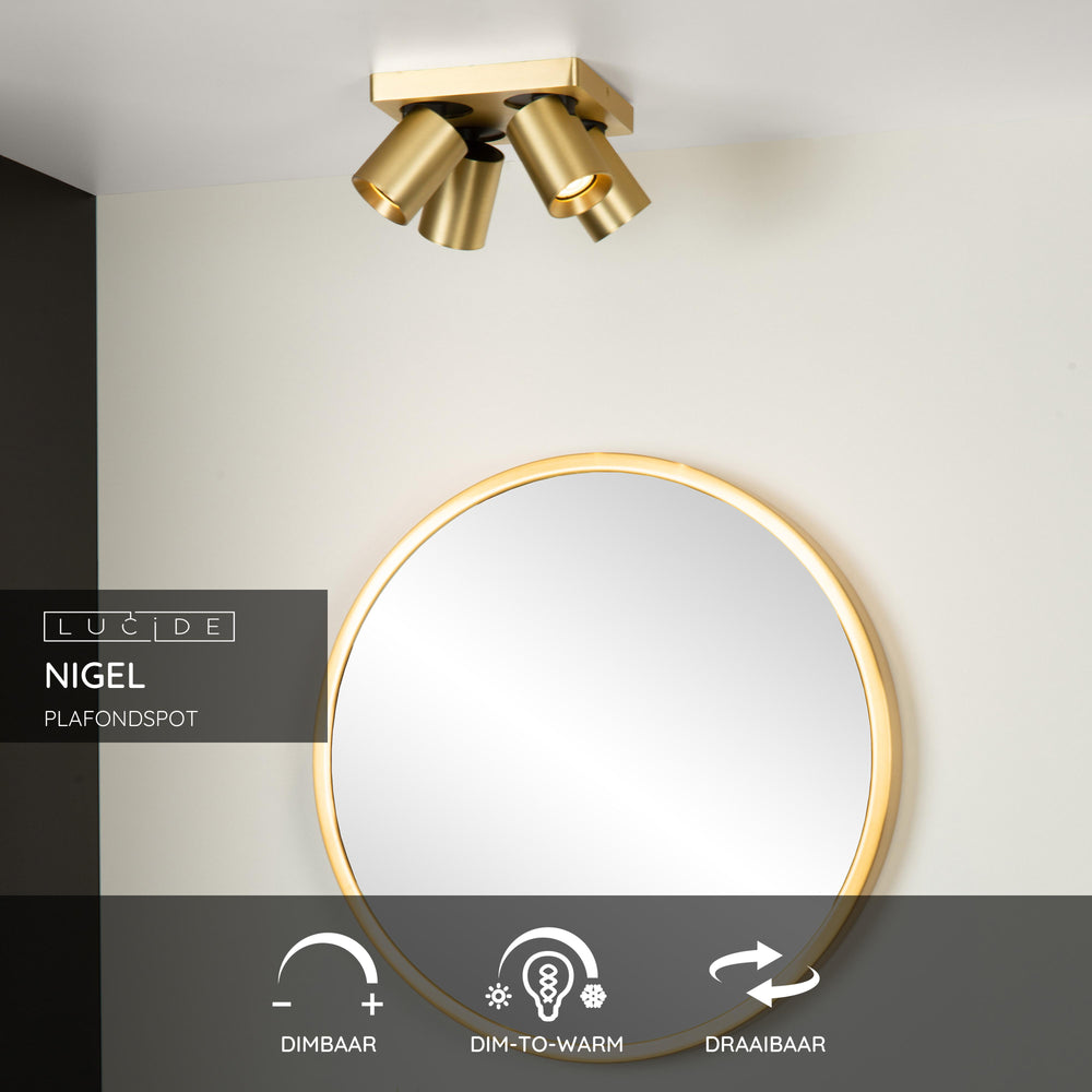 Lucide NIGEL LED ceiling spotlight 4x5W GU10 dim to warm 2200K-3000K 1280 lumens IP20 Matte Gold Brass