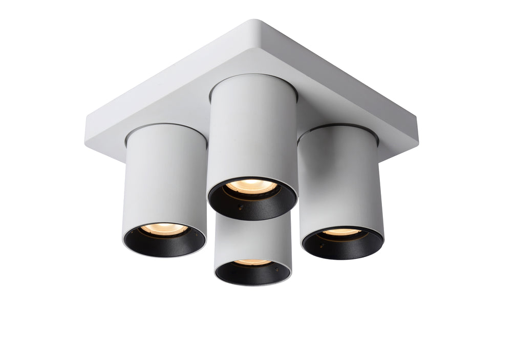 Lucide NIGEL LED ceiling spotlight, 4x5W GU10 dim to warm 2200K-3000K, square White aluminum, IP20