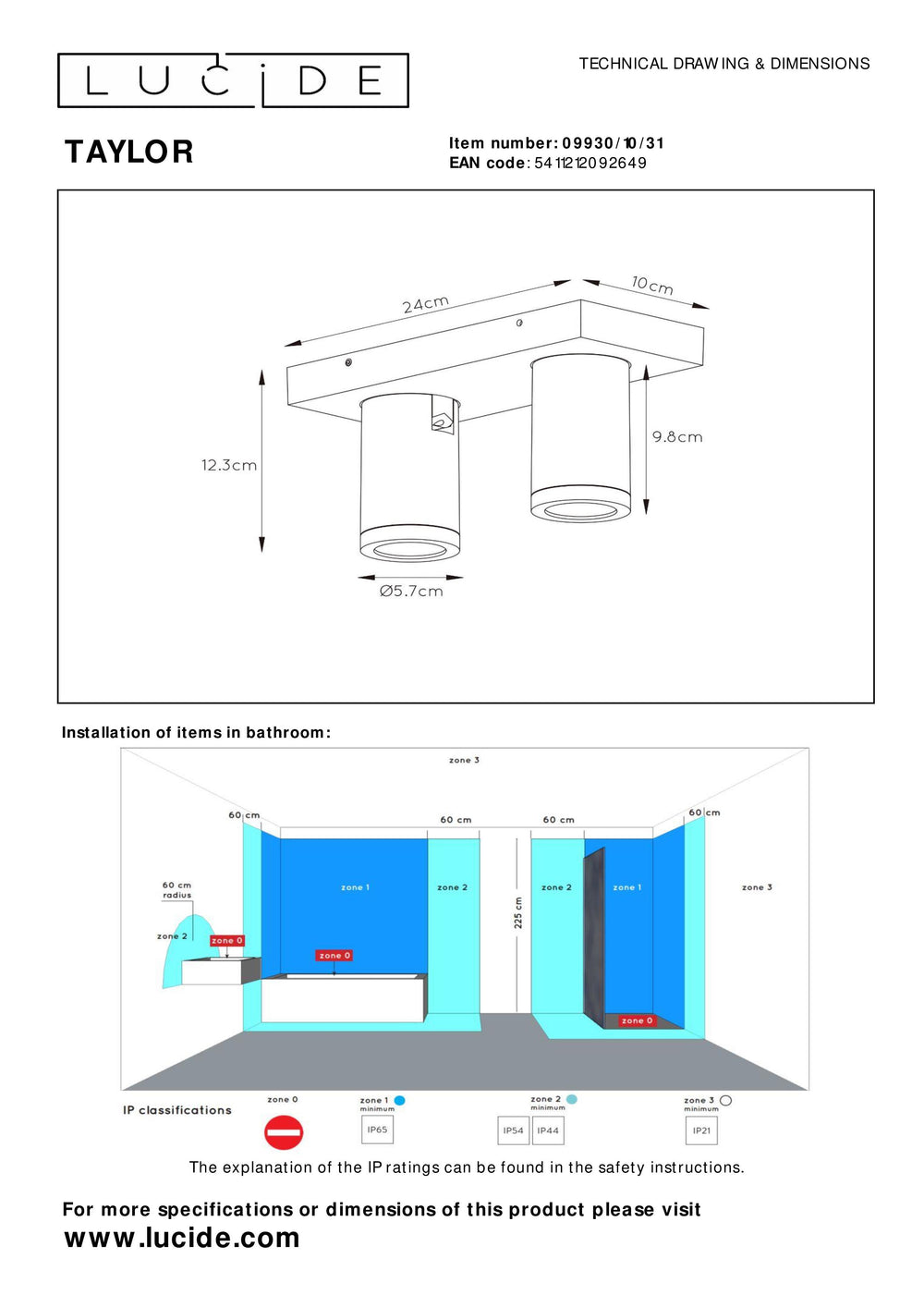 Lucide TAYLOR LED bathroom ceiling spotlight, 2x5W GU10, 2200K-3000K dim to warm, IP44 Sand White