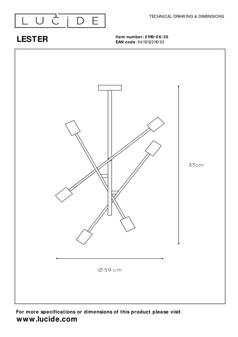 Lucide LESTER Deckenleuchte, 6xE27 Fassungen, 220-240V, dimmbar, modernes Metalldesign in Mattschwarz, IP20