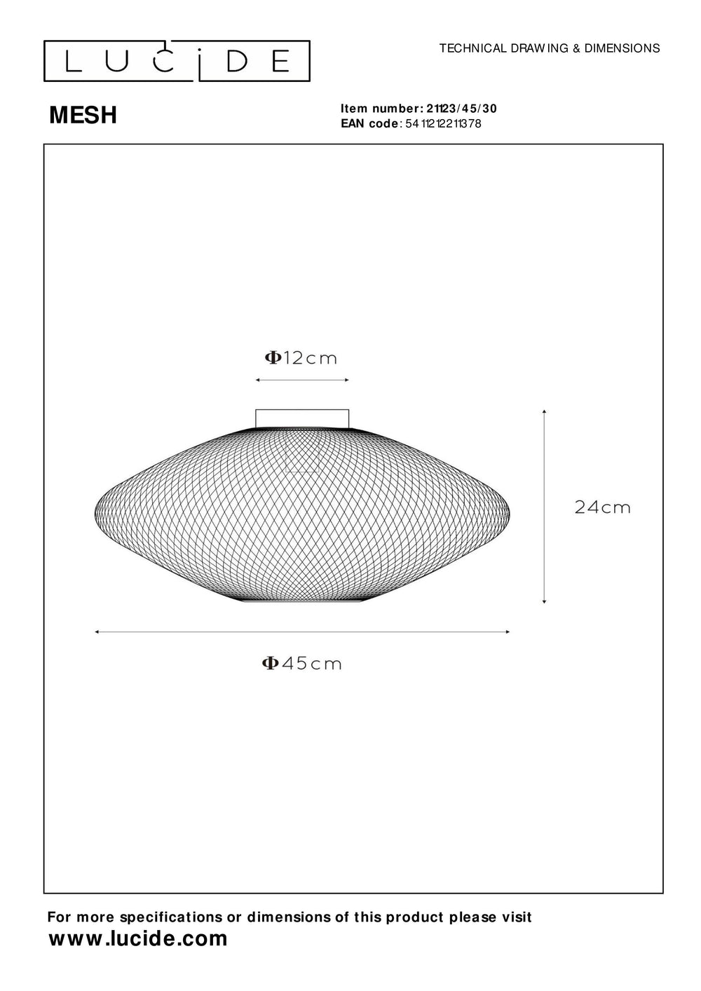 Lucide MESH ceiling light Ø45cm, E27 socket, 220-240V, 40W max, metal matt black, IP20 modern design