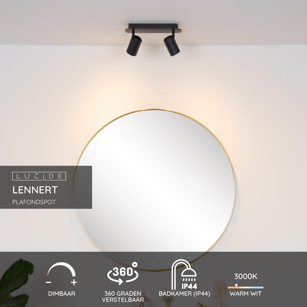 Lucide LENNERT LED Badezimmer-Deckenstrahler, 2x5W GU10 dimmbar, 3000K, IP44, Sand Matt Schwarz
