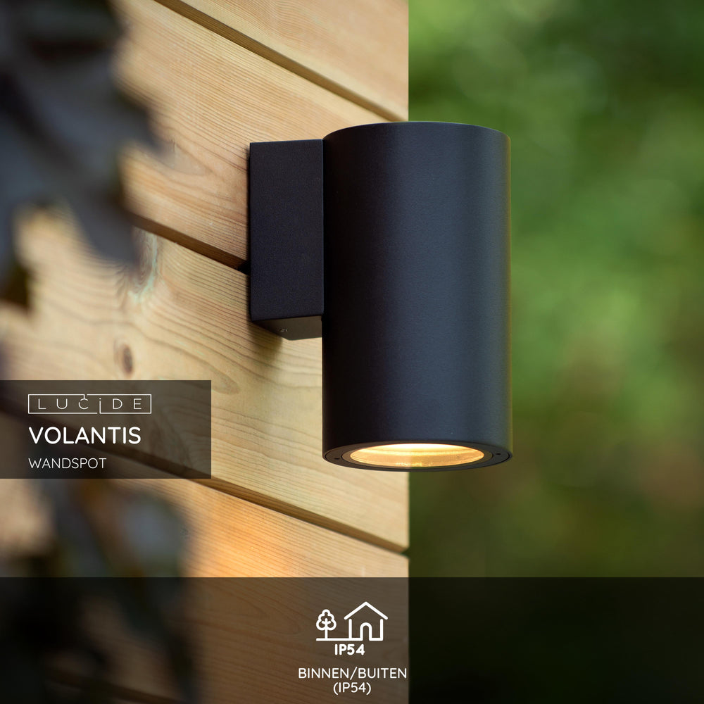 Lucide VOLANTIS outdoor wall light, E27 fitting, IP54 weatherproof, Black aluminum modern cylinder design