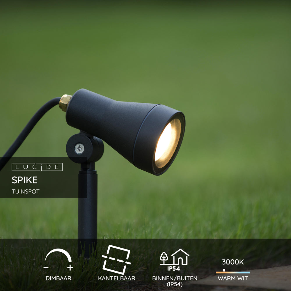 Lucide SPIKE LED Gartenspot, 1x5W GU10 3000K, dimmbar, IP54 Schwarzes Aluminium Außenleuchte