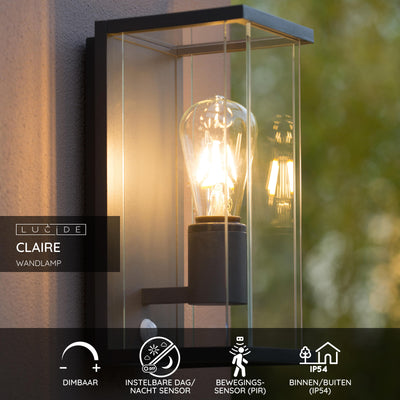 Lucide CLAIRE LED Wandleuchte Anthrazit, 1xE27, IP54, mit Bewegungs- und Tag/Nacht-Sensor, 220-240V