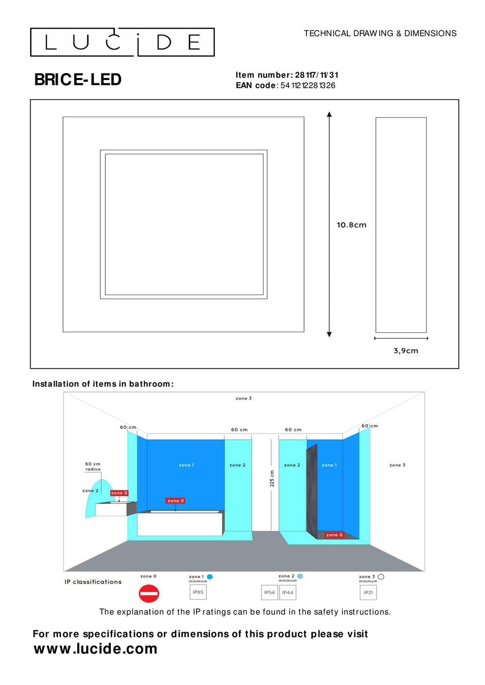 Lucide BRICE LED bathroom ceiling light, dimmable 8W 3000K, IP44, square white aluminum 220-240V