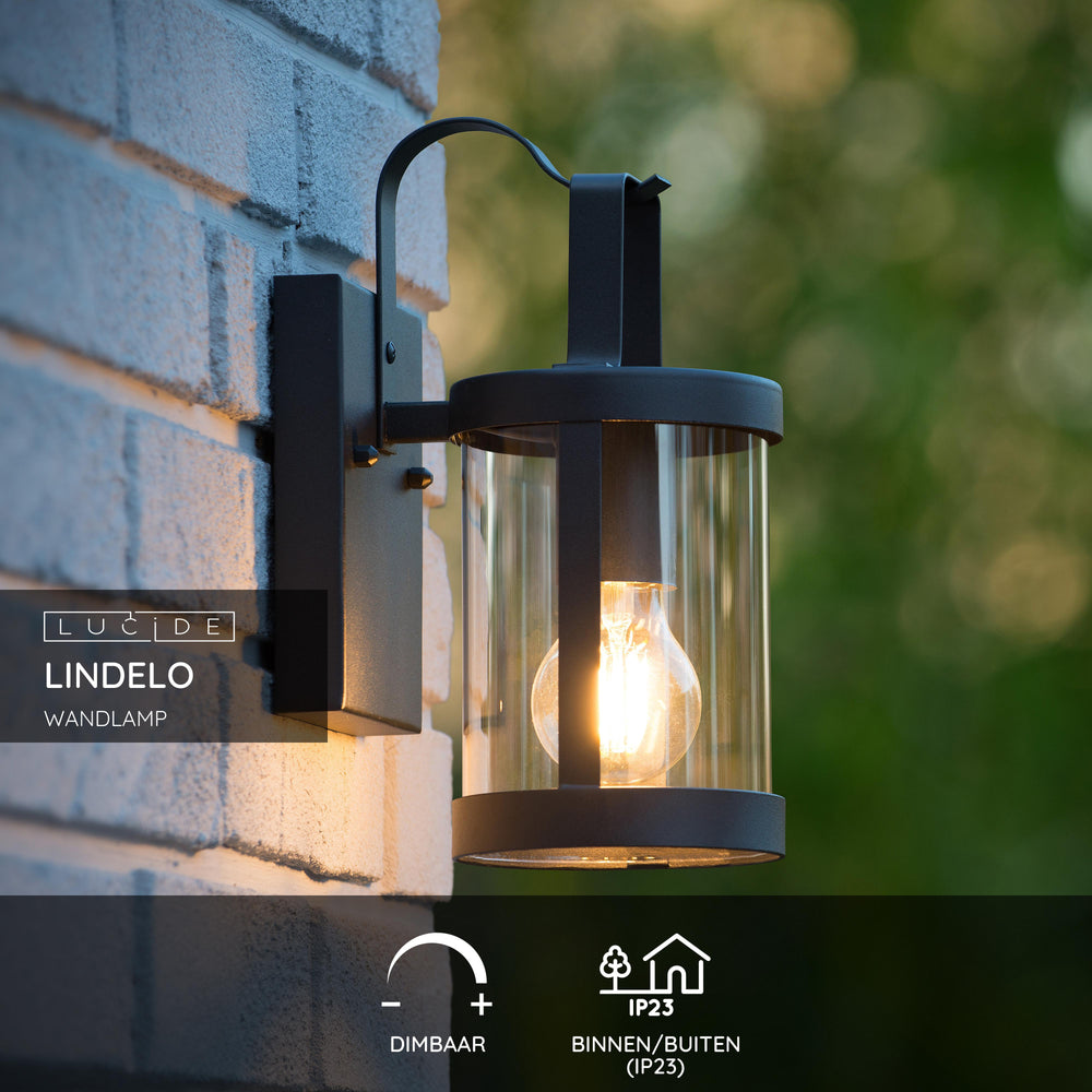 Lucide LINDELO wall light indoor outdoor, E27 socket, 60W max, 220-240V, IP44, Matt Black metal finish