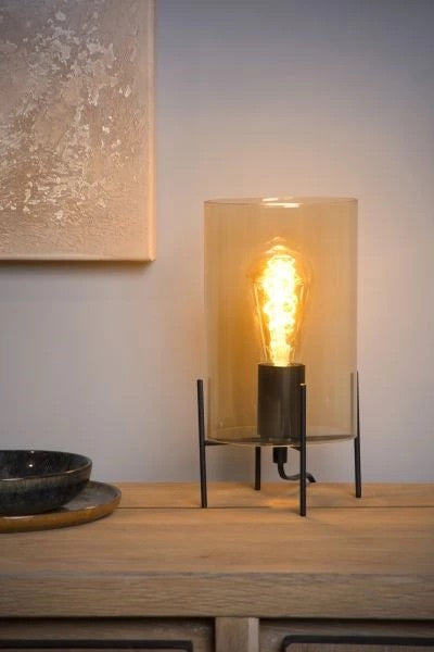 Lucide STEFFIE table lamp Ø15cm, 1xE27, 40W max, Amber glass shade, Black metal base, IP20 indoor lighting