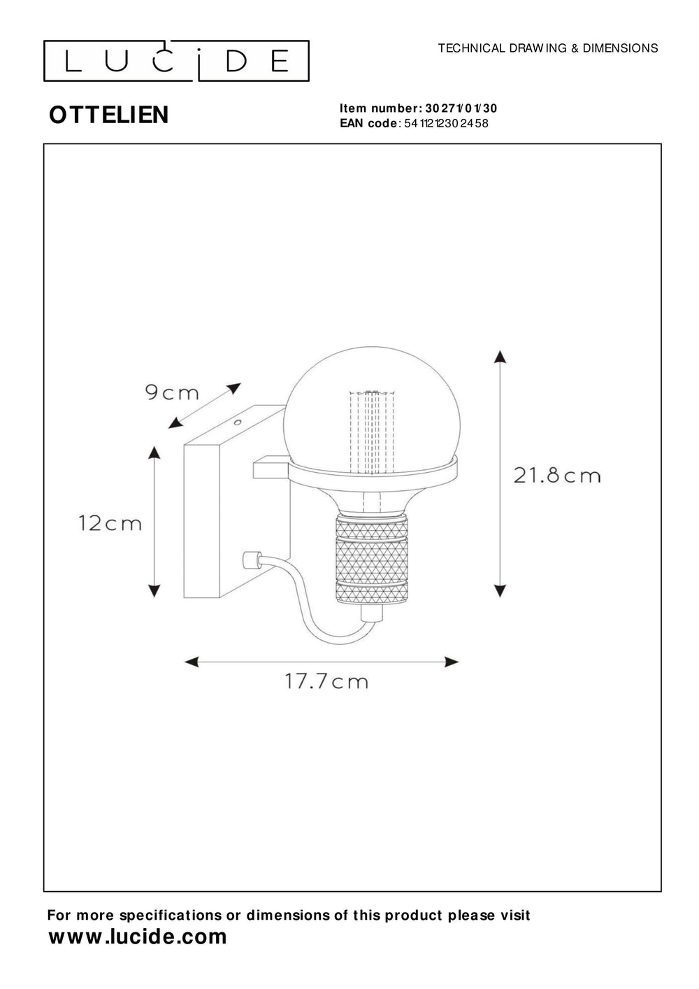 Lucide OTTELIEN Wandleuchte, 1xE27, max. 60W, 220-240V, IP20, modernes matt schwarzes Stahlgehäuse mit Messingfassung