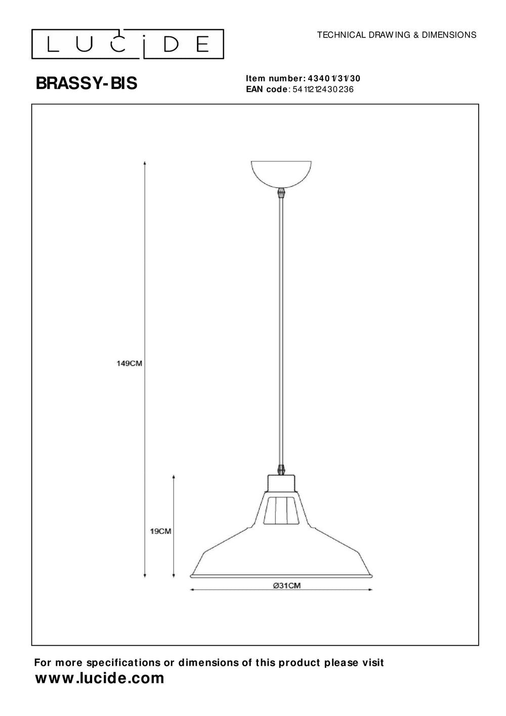 Lucide BRASSY-BIS hanging lamp Black, 1xE27 socket, adjustable height, round metal shade Ø31cm, IP20