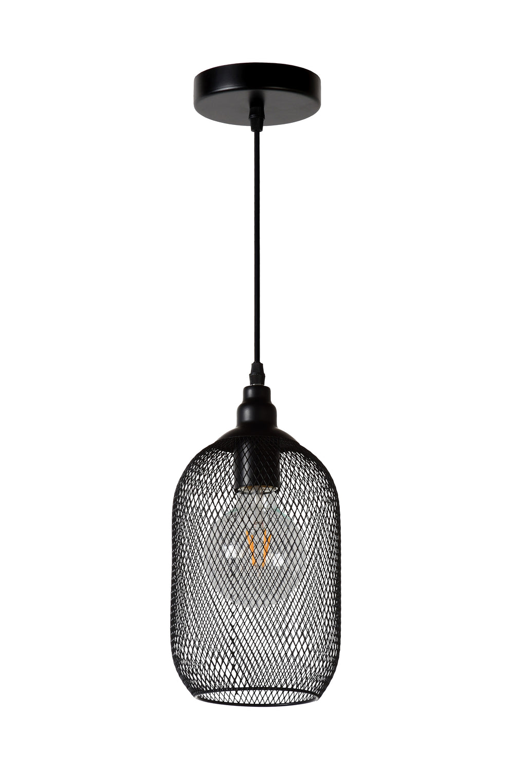 Lucide Mesh hanging lamp Black, round metal shade Ø150mm, E27 socket 60W max, height adjustable, IP20