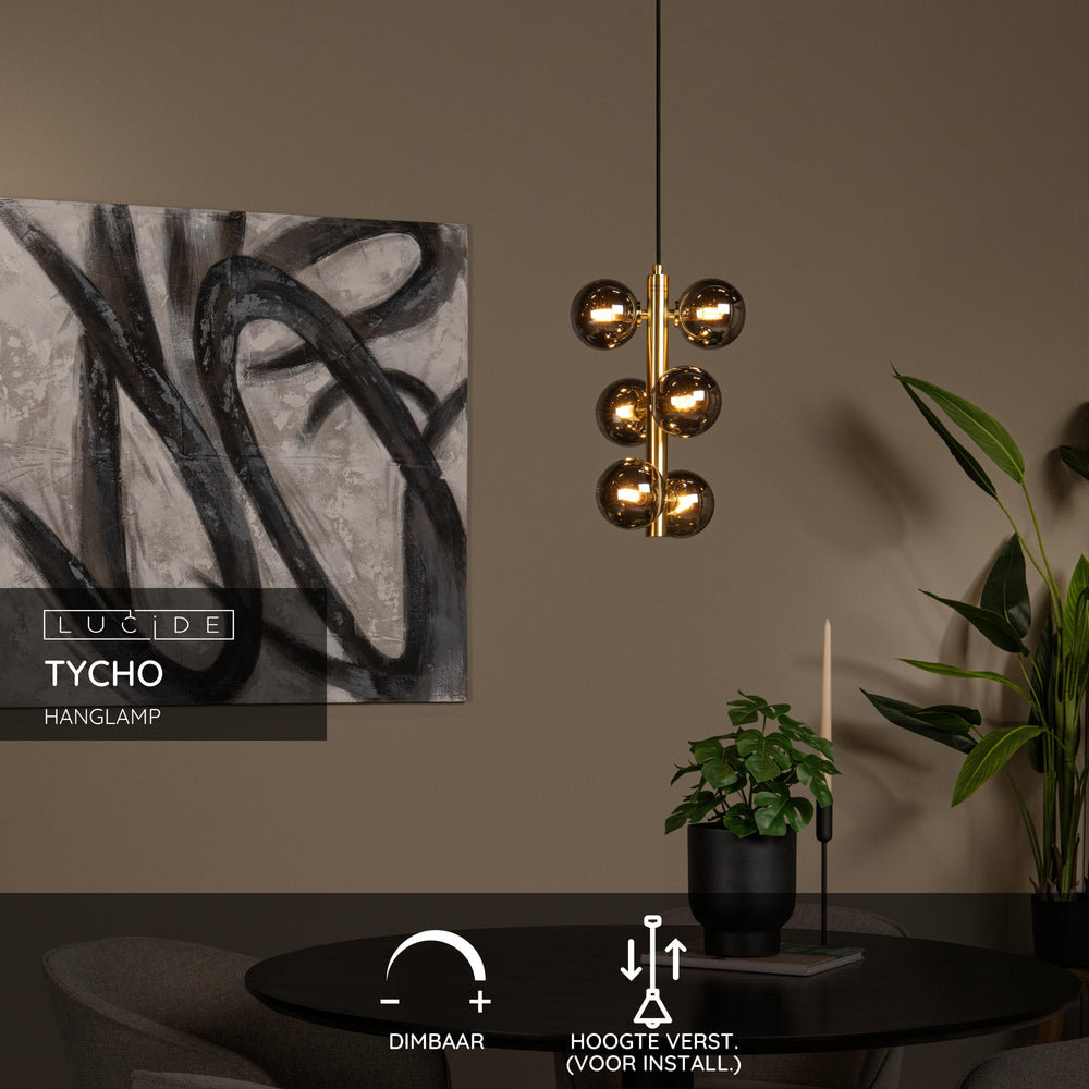 Lucide TYCHO vintage hanging lamp, 6xG9 sockets, sand brass with smoking glass, Ø25.5cm, height adjustable, IP20