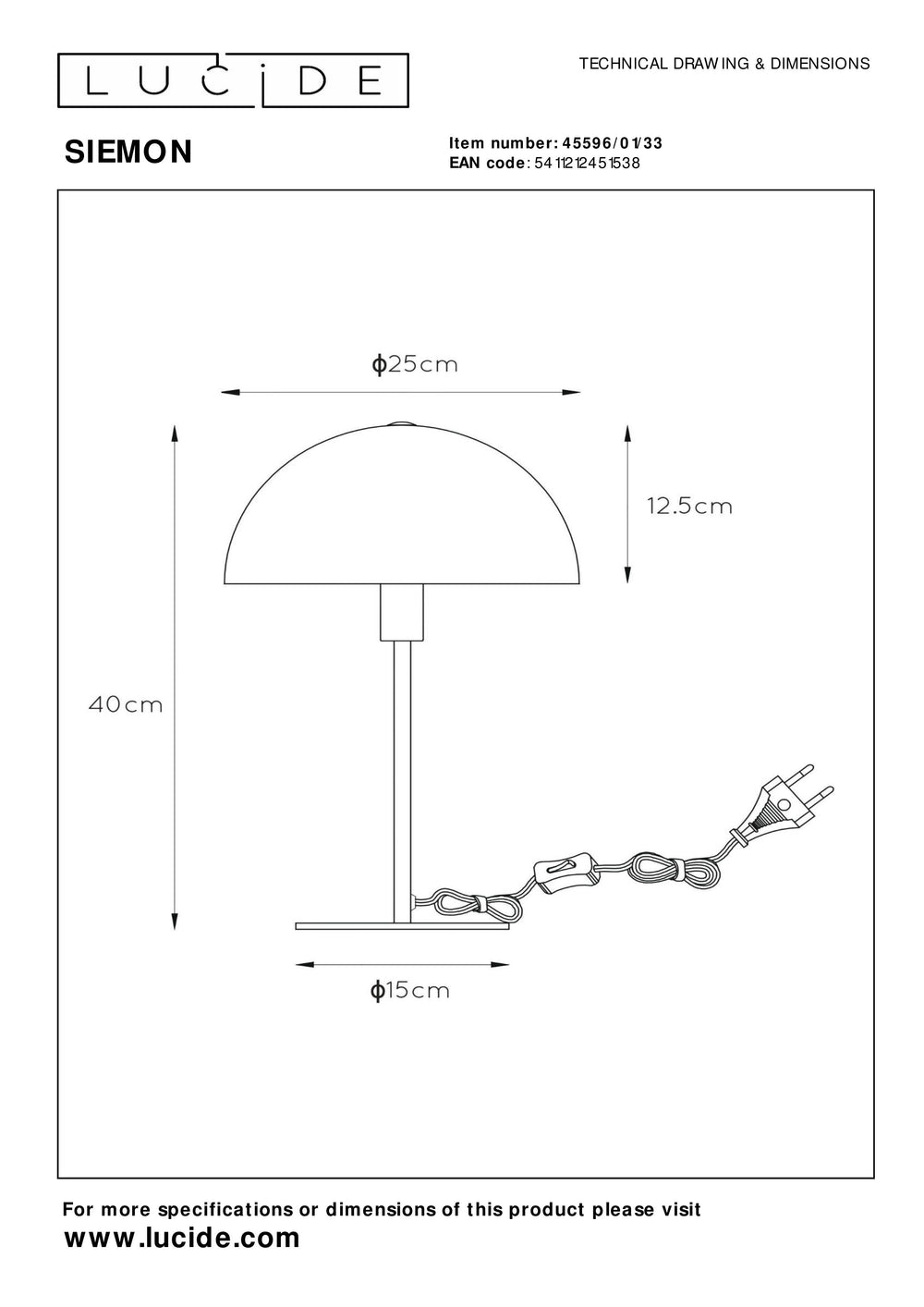 Lucide SIEMON Tischleuchte Ø25cm modern Grün Stahl, E14 Fassung, IP20 Innenbeleuchtung mit Kabelschalter