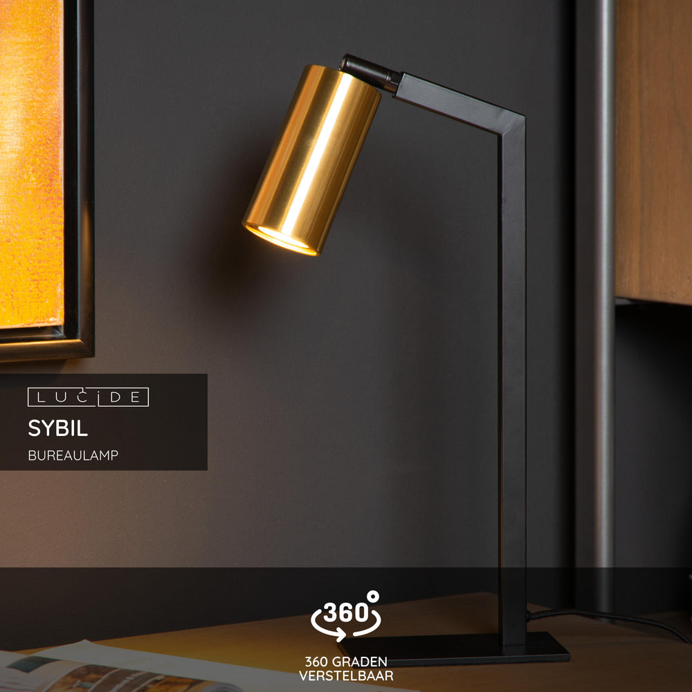 Lucide SYBIL desk lamp, 1xGU10, 230V, IP20, Black with Matt Gold, modern steel, 360° adjustable, indoor use