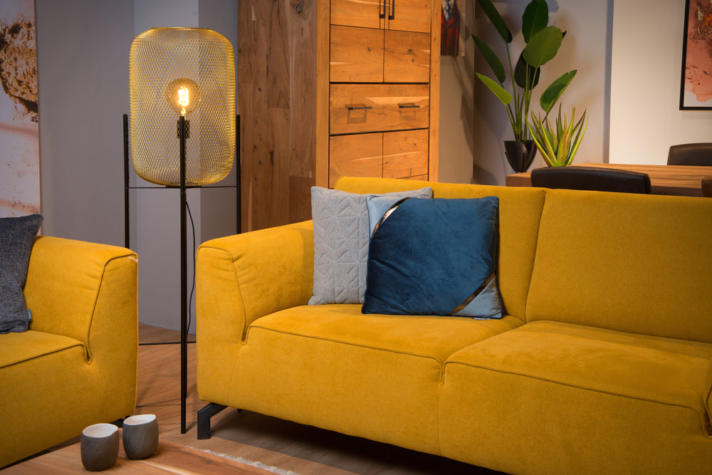 Lucide Mesh Stehlampe, Vintage Metallzylinder, E27 Fassung, max. 40W, IP20, matt schwarz & gold Ausführung