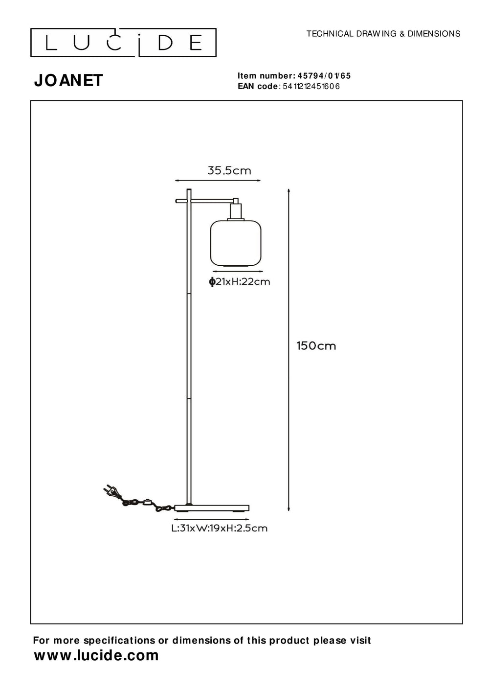 Lucide Joanet Stehlampe Fumè Glas modernes Design mit E27 Fassung, Schwarzer Stahlfuß, IP20 für den Innenbereich