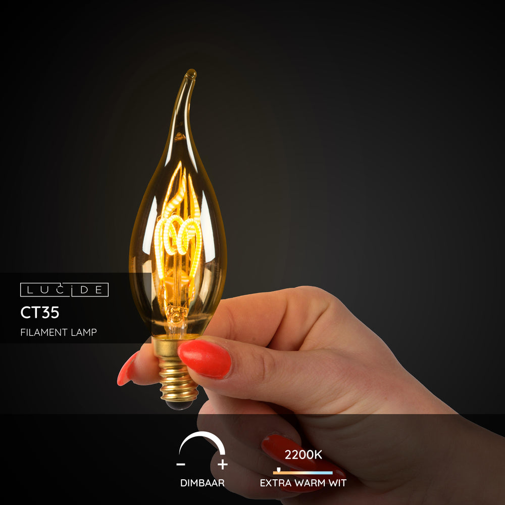 Lucide CT35 LED Filament Kerzenlampe E14 3W 2200K dimmbar Bernstein Glas 165 Lumen IP20 Vintage Stil