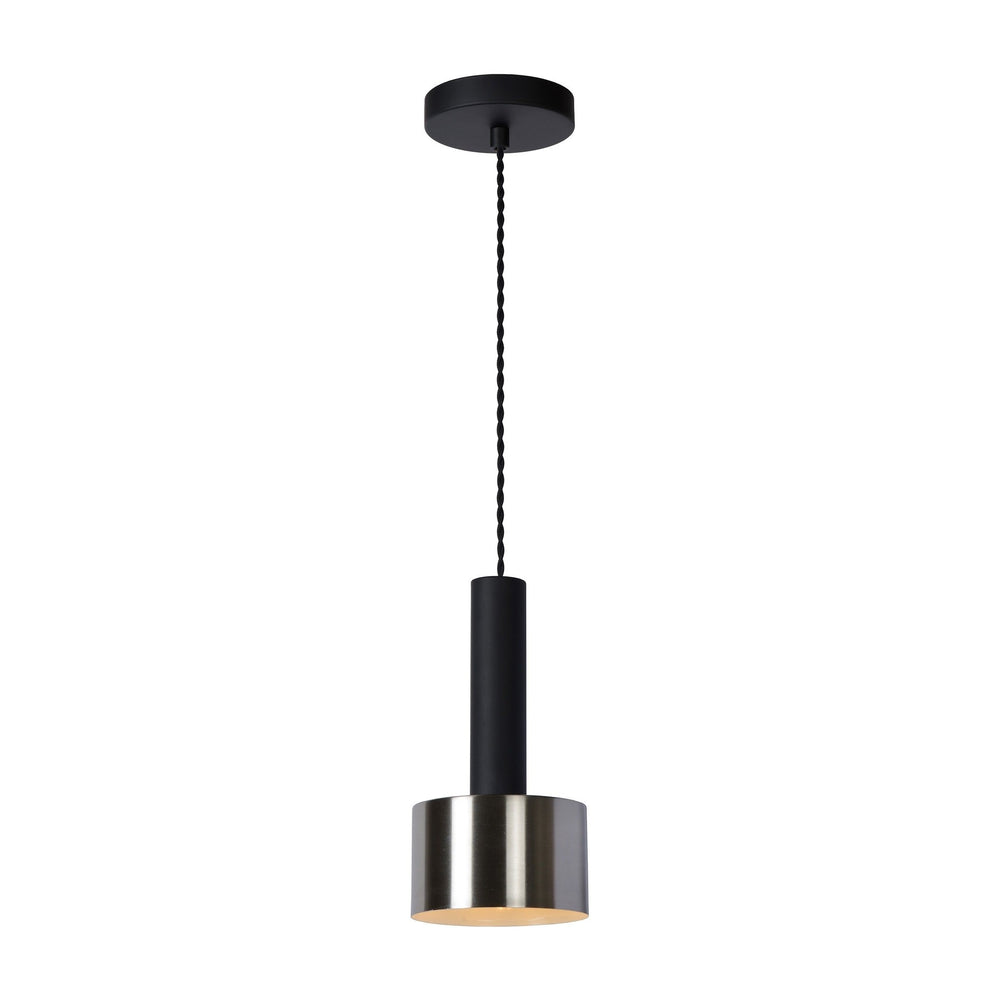 Lucide TEUN Retro-Hängeleuchte Ø13cm, höhenverstellbar, E27-Fassung, Metall Satin Nickel und Matt Schwarz, IP20