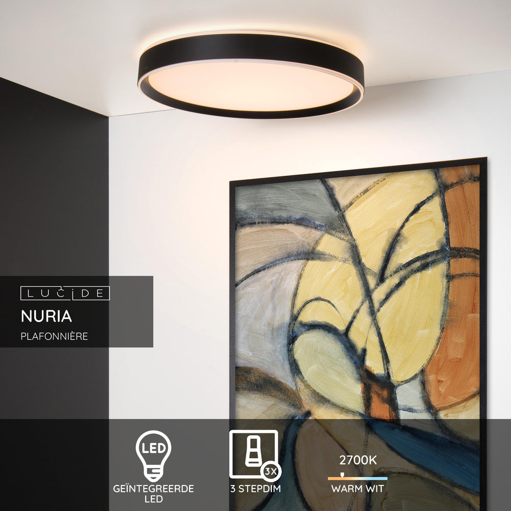 Lucide NURIA LED ceiling light 36W 2700K 3-Step Dim round Ø50cm Black modern IP20