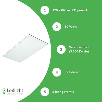 lcb led panel 120x60cm 3000k 60w 7200 lumen inkl treiber