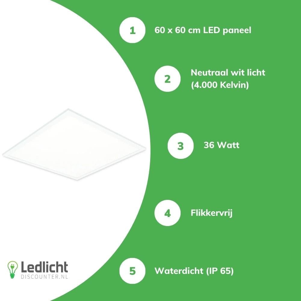 led panel 60x60cm ip65 moisture resistant 36w 4320 lumen 4000k cool white ugr22 opal