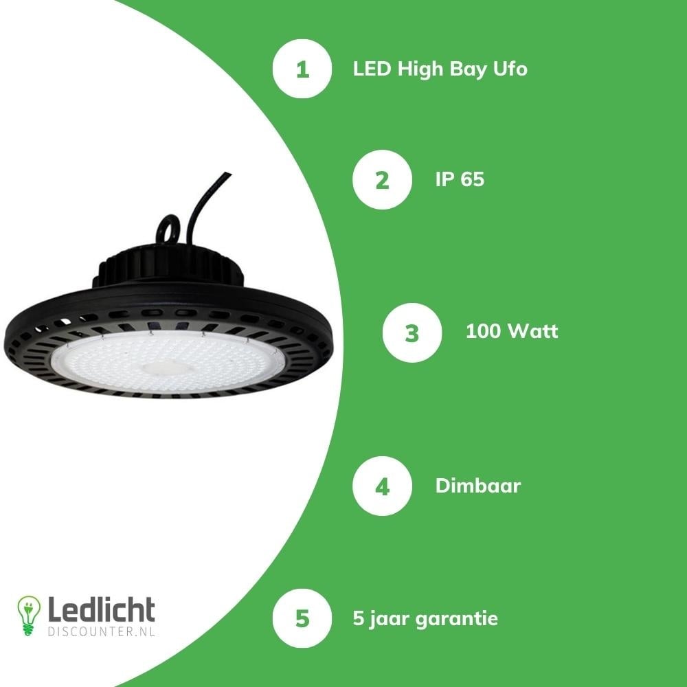 Tsong LED High Bay UFO 100W 15000 Lumen 1-10V Dimmbar 3000K CRI 80 Philips Chip IP20 CE RoHS Schwarz