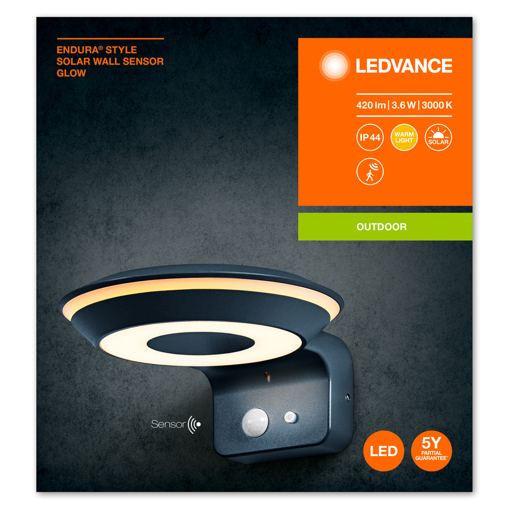 Ledvance Endura Style Solar GLOW Wandsensor LED 3.6W 3000K IP44 Dunkelgrau Außenleuchte