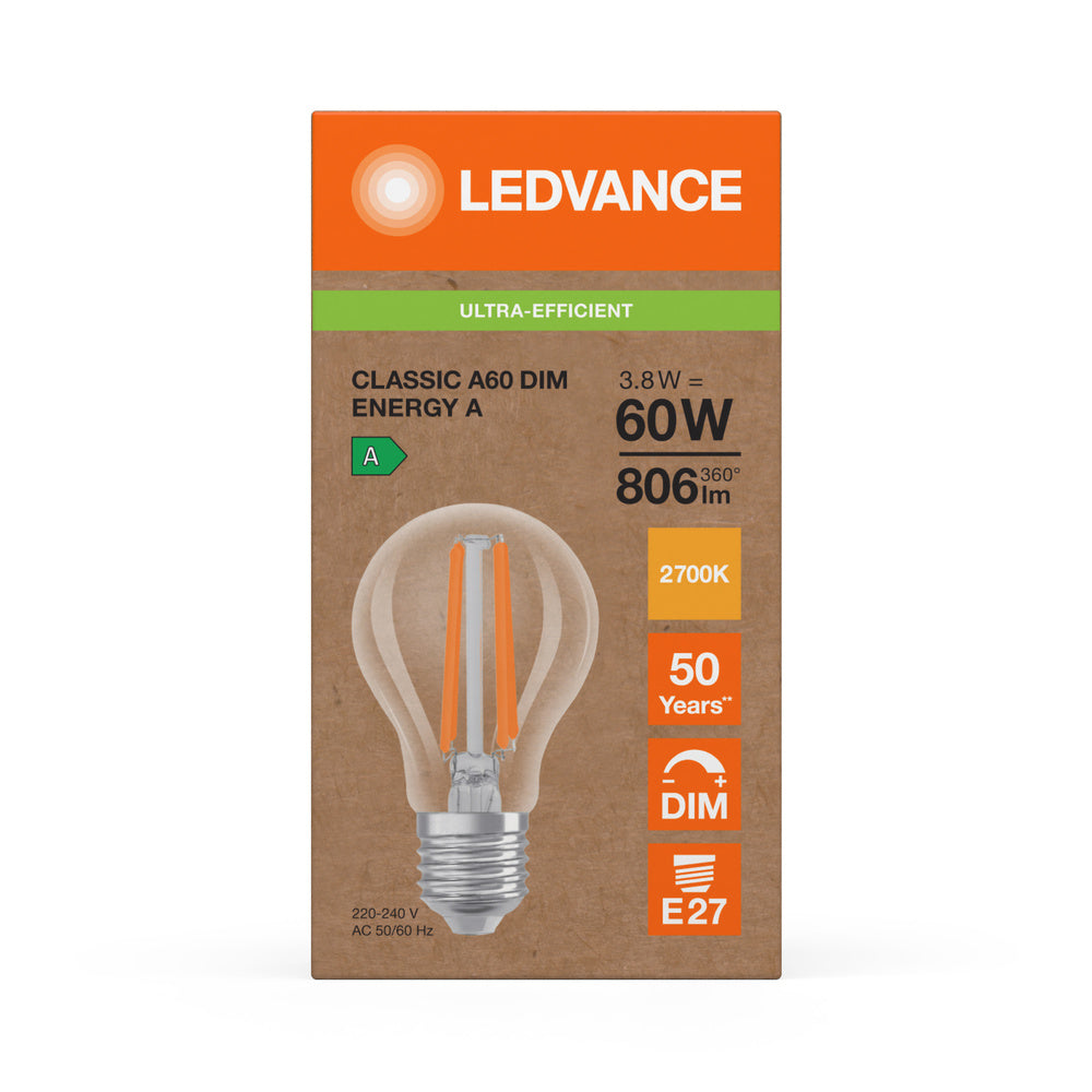 Ledvance LED Classic A E27 Warmweiß 2700K 3.8W dimmbar klare Lampe 806 Lumen 220-240V IP20 50000h
