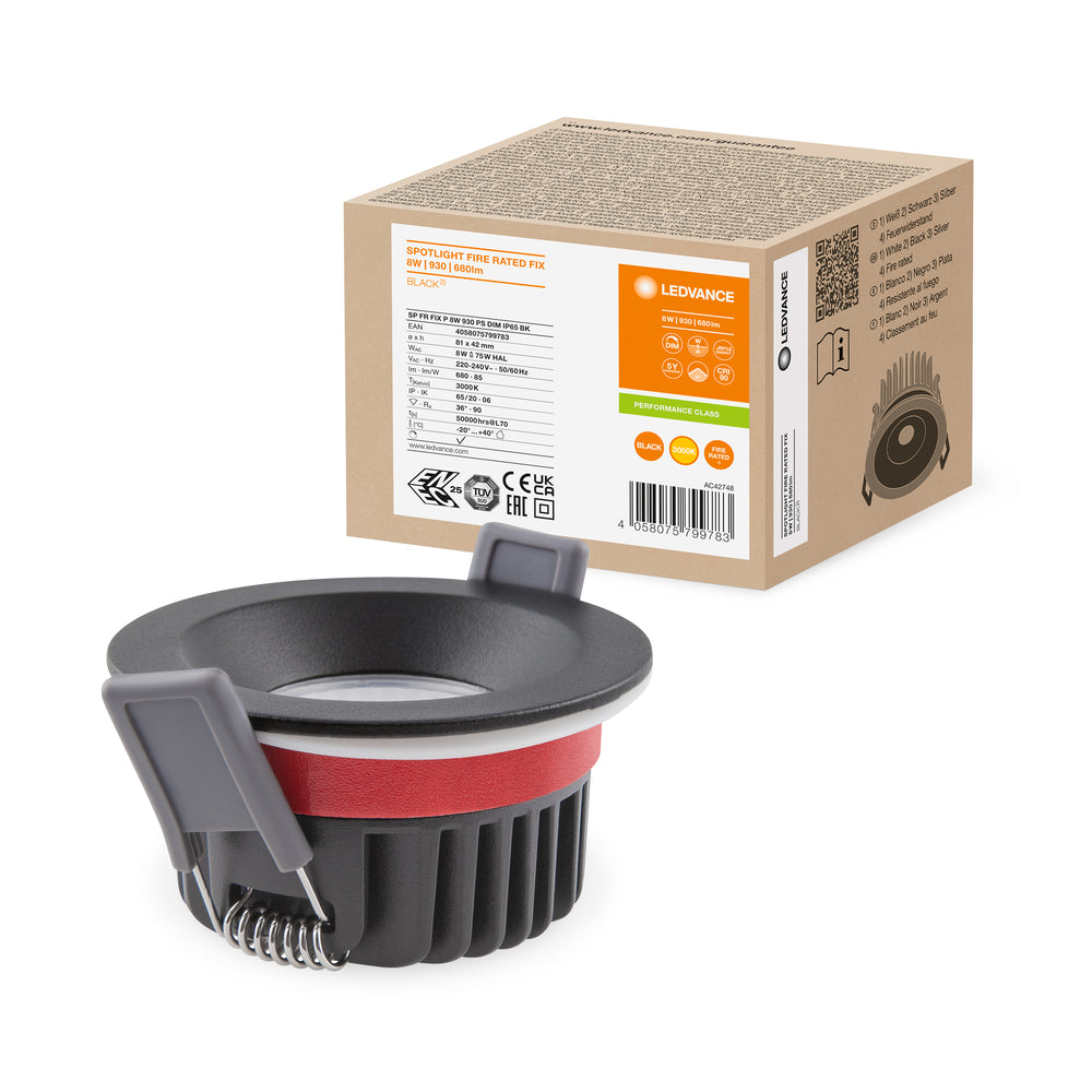 Ledvance feuerbeständige Einbau-LED-Spotlight 8W 3000K dimmbar IP65 Schwarz 90CRI 36° Abstrahlwinkel