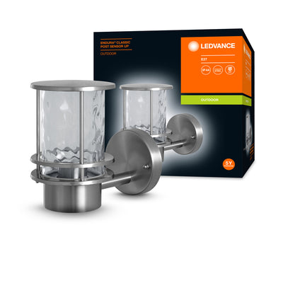 Ledvance ENDURA Classic Post Sensor Up E27 outdoor stainless steel wall light IP44 with motion and light sensor