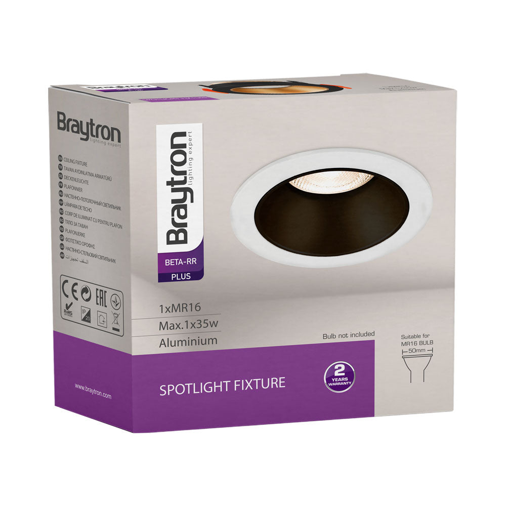 Braytron GU10 recessed LED spotlight, 35W max, IP20, round aluminium White-Black, 85mm cutout 70mm