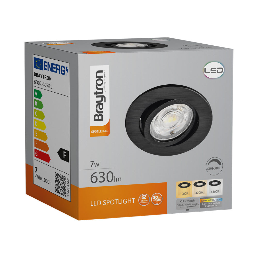 Braytron LED Strahler 7W Schwarz Rund 3-in-1 CCT Dimmbar 220-240V 630 Lumen IP20 38° Innenbeleuchtung