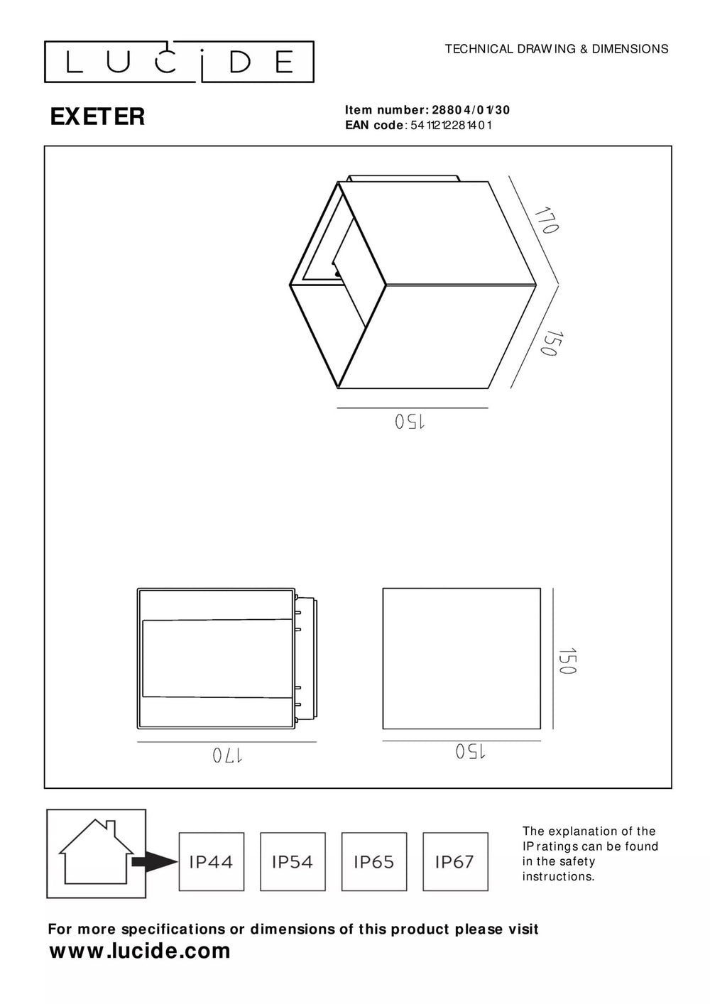 Lucide EXETER Außenwandleuchte Schwarz E27-Fassung IP54 Aluminiumgehäuse langlebiges Design