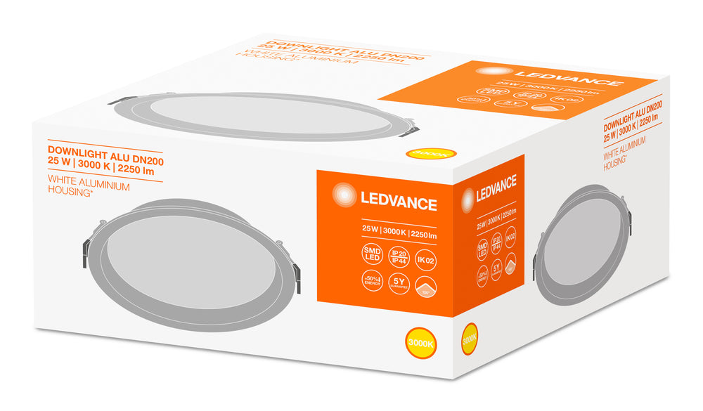 LED Downlight Alu DN200 25W 2250 Lumen 3000K Warmweiß 215mm IP44