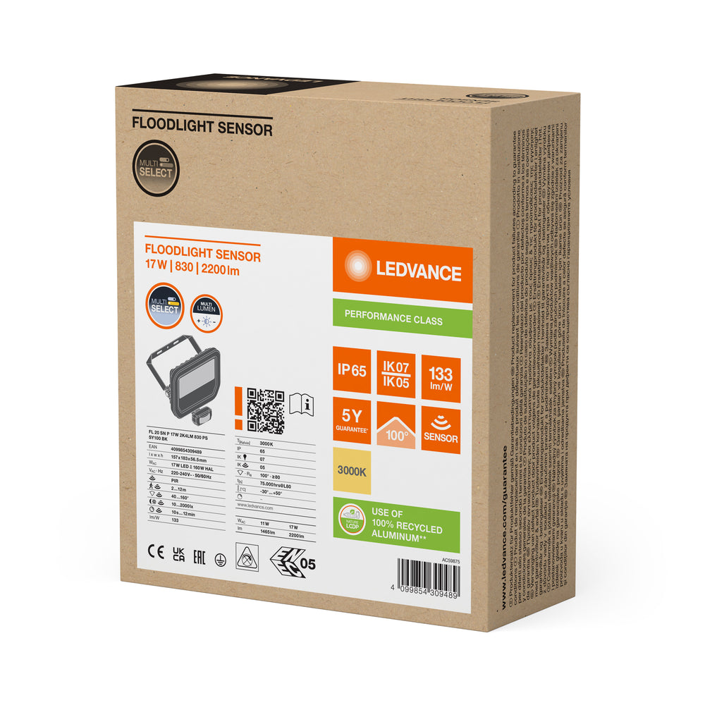 LED Strahler 17W 2200 Lumen 3000K IP65 Schwarz mit Bewegungs- und Lichtsensor