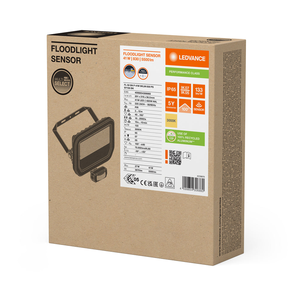 LED Fluter Sensor GEN 3 Schwarz 41W 3000K 5500 Lumen IP65 mit Bewegungs- und Lichtsensor, ersetzt 100W