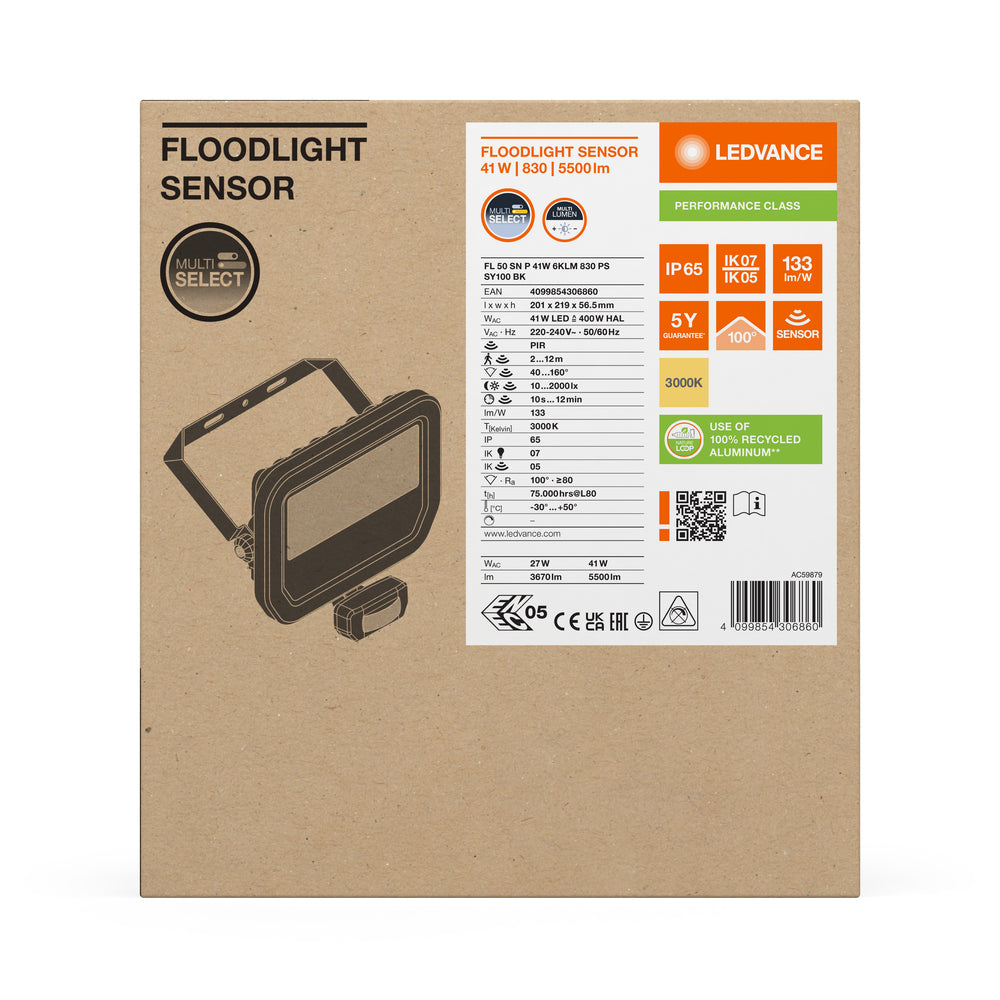 LED Fluter Sensor GEN 3 Schwarz 41W 3000K 5500 Lumen IP65 mit Bewegungs- und Lichtsensor, ersetzt 100W