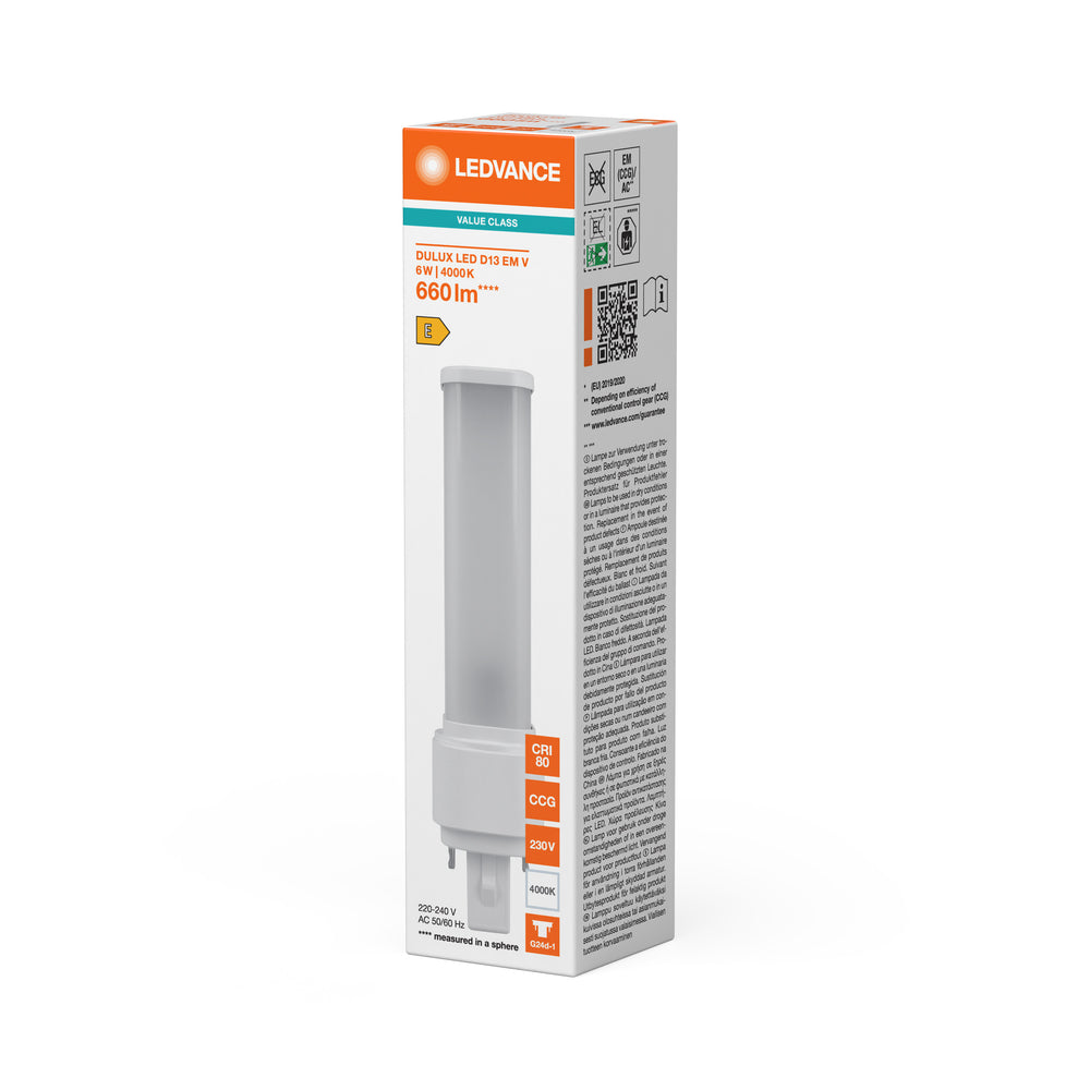 LED PL-C Dulux-D D/E 6W 660 Lumen 4000K Kaltweiß G24d-1 2-Pin 230V Ersatz für 13W